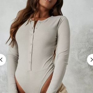 gray and white rib button front bodysuit